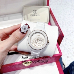 Đồng Hồ Nữ Chanel Mặt Hoa 3D Rose Gold Dây Đá Ceramic Trắng 34mm - 36mm - 40mm
