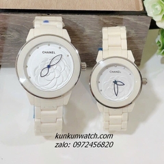 Đồng Hồ Nữ Chanel Mặt Hoa 3D Silver Dây Đá Ceramic Kem 34mm - 40mm