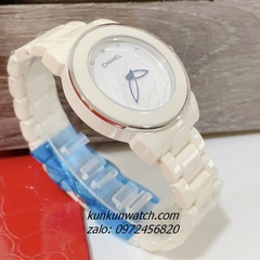 Đồng Hồ Nữ Chanel Mặt Hoa 3D Silver Dây Đá Ceramic Kem 34mm - 40mm