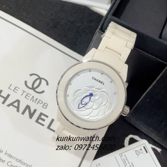 Đồng Hồ Nữ Chanel Mặt Hoa 3D Silver Dây Đá Ceramic Kem 34mm - 40mm