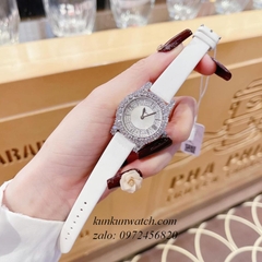 Đồng Hồ Nữ Chopard L'Heure Du Diamant Đính Viền Đá Chấu Nền Mặt Tia Da Trắng Silver 32mm