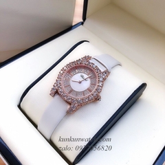 Đồng Hồ Nữ Chopard L'Heure Du Diamant Đính Viền Đá Chấu Nền Mặt Tia Da Trắng Rose Gold 32mm