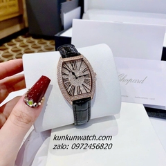 Đồng Hồ Nữ Chopard Đính Full Đá Pha Lê Dây Da Đen Rose Gold Mặt Ovan 34mm 1