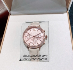 Đồng Hồ Nữ Swarovski Matrix Tennis Chrono Đính Đá Dây Da Be Mặt Hồng Rose Gold 36mm