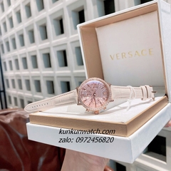 Đồng Hồ Nữ Swarovski Matrix Tennis Chrono Đính Đá Dây Da Be Mặt Hồng Rose Gold 36mm