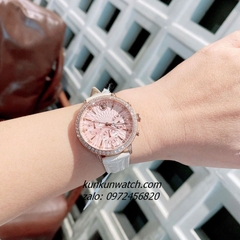 Đồng Hồ Nữ Swarovski Matrix Tennis Chrono Đính Đá Dây Da Be Mặt Hồng Rose Gold 36mm