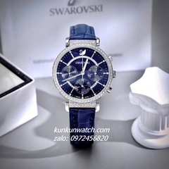 Đồng Hồ Nữ Swarovski Passage Chrono Đính Đá Dây Da Xanh Navy Silver 36mm 1