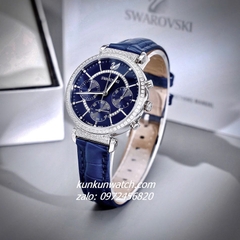 Đồng Hồ Nữ Swarovski Passage Chrono Đính Đá Dây Da Xanh Navy Silver 36mm