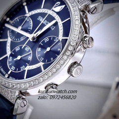 Đồng Hồ Nữ Swarovski Passage Chrono Đính Đá Dây Da Xanh Navy Silver 36mm
