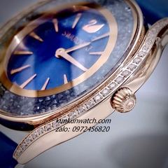 Đồng Hồ Nữ Swarovski Crystalline Aura  Đính Đá Dây Da Xanh Rose Gold 35mm