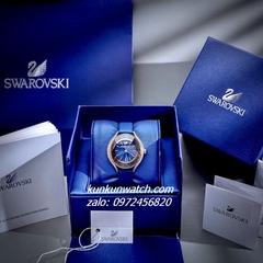 Đồng Hồ Nữ Swarovski Crystalline Aura  Đính Đá Dây Da Xanh Rose Gold 35mm