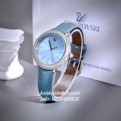 Đồng Hồ Nữ Swarovski Đính Đá Dây Da Xanh Silver 34mm 1