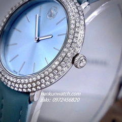 Đồng Hồ Nữ Swarovski Đính Đá Dây Da Xanh Silver 34mm