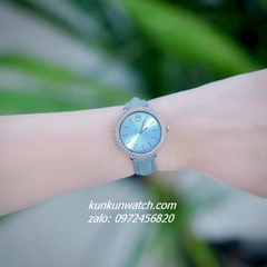 Đồng Hồ Nữ Swarovski Đính Đá Dây Da Xanh Silver 34mm