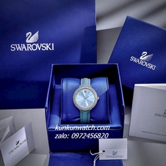 Đồng Hồ Nữ Swarovski Đính Đá Dây Da Xanh Silver 34mm