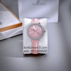 Đồng Hồ Nữ Swarovski Đính Đá Dây Da Hồng Silver 34mm