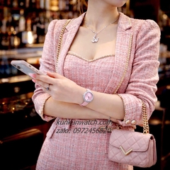 Đồng Hồ Nữ Swarovski Đính Đá Dây Da Hồng Silver 34mm