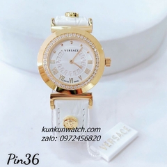 Đồng Hồ Nữ Versace Vanity Gold Đính Đá Dây Da Trắng 35mm
