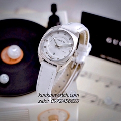 Đồng Hồ Nữ Gucci Diamond Silver Dây Da Trắng 29mm