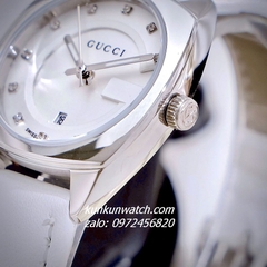 Đồng Hồ Nữ Gucci Diamond Silver Dây Da Trắng 29mm