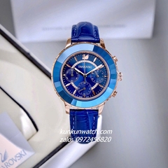 Đồng Hồ Nữ Swarovski Octea Lux Chrono Dây Da Xanh Dương Rose Gold 39mm