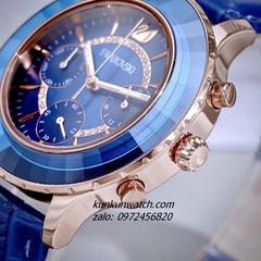 Đồng Hồ Nữ Swarovski Octea Lux Chrono Dây Da Xanh Dương Rose Gold 39mm