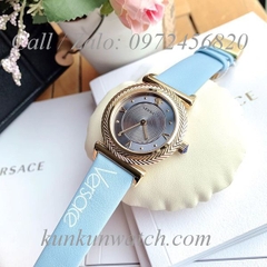 Đồng Hồ Nữ Versace V-Motif Vintage Logo - Dây Da Xanh Lam Vỏ Vàng - 35mm