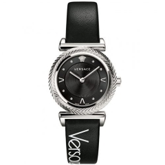 Đồng Hồ Nữ Versace V-Motif Vintage Logo - Dây Da Đen Mặt Đen Vỏ Bạc - 35mm