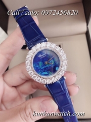 Đồng Hồ Nữ Chopard CPND067 Đính Hạt Chấu - Dây Da Xanh Dương Vỏ Bạc - 32mm