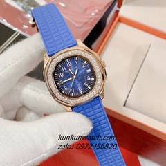 Đồng Hồ Nữ Patek Philippe Nautilus Đính Đá Rose Gold Dây Silicone Xanh Lam 36mm 1