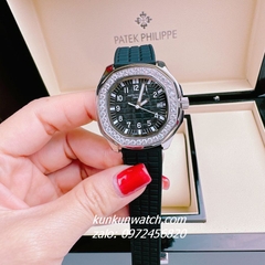 Đồng Hồ Nữ Patek Philippe Nautilus Đính Đá Silver Dây Silicone Đen 36mm