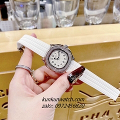 Đồng Hồ Nữ Patek Philippe Nautilus Đính Đá Silver Dây Silicone Trắng 36mm