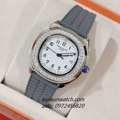 Đồng Hồ Nữ Patek Philippe Nautilus Đính Đá Silver Dây Silicone Xám Mặt Trắng 36mm