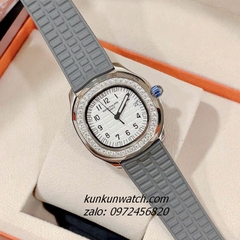 Đồng Hồ Nữ Patek Philippe Nautilus Đính Đá Silver Dây Silicone Xám Mặt Trắng 36mm