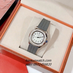 Đồng Hồ Nữ Patek Philippe Nautilus Đính Đá Silver Dây Silicone Xám Mặt Trắng 36mm