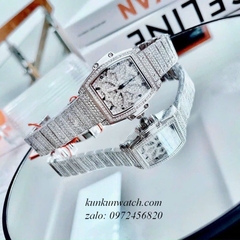 Đồng Hồ Nữ Chopard Full Đá 2 Kim Nền Mặt Hoa Tuyết Xoay Silver 38mm
