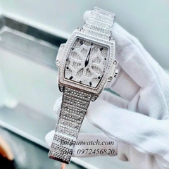 Đồng Hồ Nữ Chopard Full Đá 2 Kim Nền Mặt Hoa Tuyết Xoay Silver 38mm
