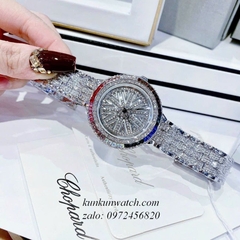 Đồng Hồ Nữ Chopard Geneve 845 Đính Full Đá 2 Kim Nền Mặt Hoạ Tiết Xoay Silver 38mm