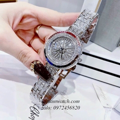 Đồng Hồ Nữ Chopard Geneve 845 Đính Full Đá 2 Kim Nền Mặt Hoạ Tiết Xoay Silver 38mm