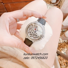 Đồng Hồ Nữ Cartier Jaguar Đính Đá Họa Tiết Báo Đốm Dây Da Đen Silver 36mm