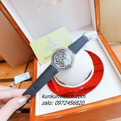 Đồng Hồ Nữ Cartier Jaguar Đính Đá Họa Tiết Báo Đốm Dây Da Đen Silver 36mm