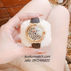 Đồng Hồ Nữ Cartier Jaguar Đính Đá Họa Tiết Báo Đốm Dây Da Đen Gold 36mm 1