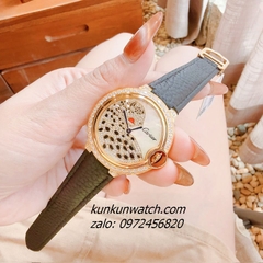 Đồng Hồ Nữ Cartier Jaguar Đính Đá Họa Tiết Báo Đốm Dây Da Đen Gold 36mm