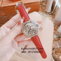 Đồng Hồ Nữ Cartier Jaguar Đính Đá Họa Tiết Báo Đốm Dây Da Đỏ Silver 36mm 1