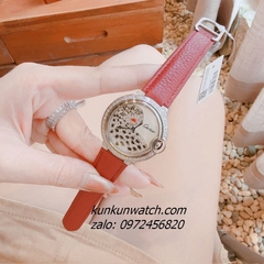 Đồng Hồ Nữ Cartier Jaguar Đính Đá Họa Tiết Báo Đốm Dây Da Đỏ Silver 36mm