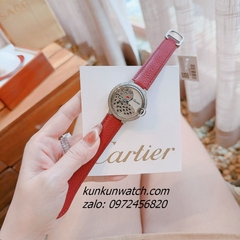 Đồng Hồ Nữ Cartier Jaguar Đính Đá Họa Tiết Báo Đốm Dây Da Đỏ Silver 36mm
