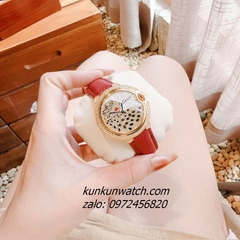 Đồng Hồ Nữ Cartier Jaguar Đính Đá Họa Tiết Báo Đốm Dây Da Đỏ Gold 36mm 1
