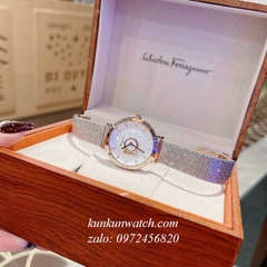 Đồng Hồ Nữ Salvatore Ferragamo Minuetto Dây Mesh Demi Vàng Hồng Mặt Trắng 35mm