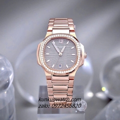 Đồng Hồ Nữ Patek Philippe Nautilus Đính Đá Rose Gold Mặt Xám Vuông 35mm 1