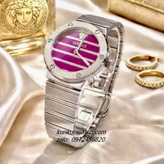 Đồng Hồ Nữ Versace Greca Logo Pearl Silver Mặt Đỏ Tía 33mm